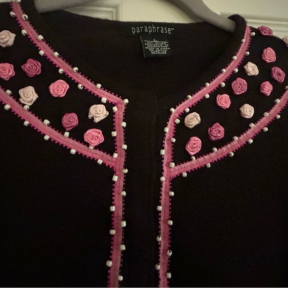 Chocolate brown cardigan with pink sewn on details. Hidden snap closure - Picture 2 of 3